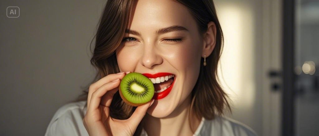 una mujer caucásica feliz comiendo un kiwi entero